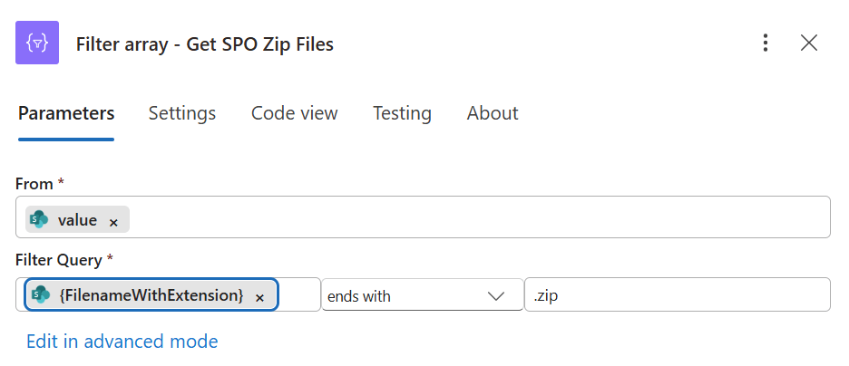 Figure 5 - Azure Logic Apps action to Filter array, returning only file with a .zip extension.