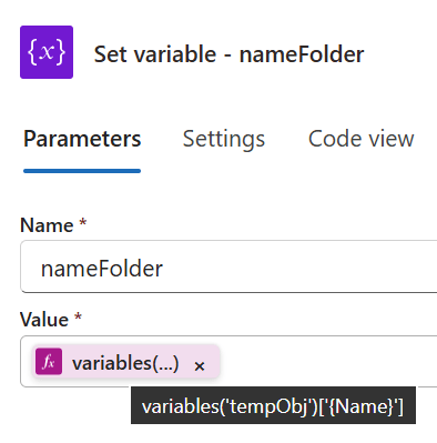 Figure 7 - Set variable action for nameFolder flow variable.