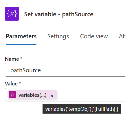 Figure 8 - Set variable action for pathSource flow variable.