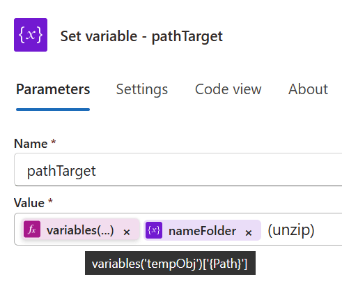 Figure 9 - Set variable action for pathTarget flow variable.