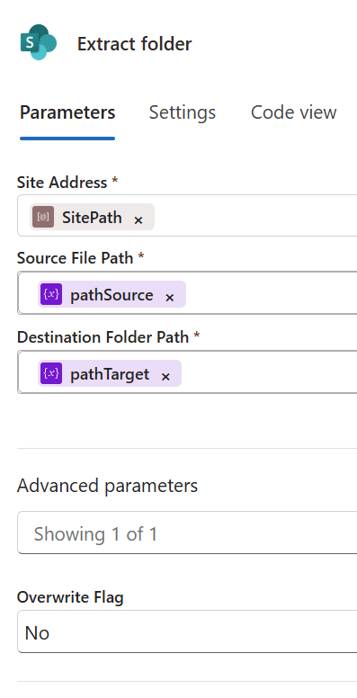 Figure 10 - Azure Logic Apps action to Extract folder, unzipping SharePoint Online files to a target library folder.