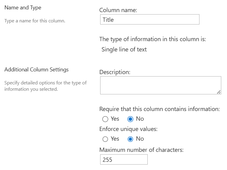 Figure 1 - SharePoint Online column settings.
