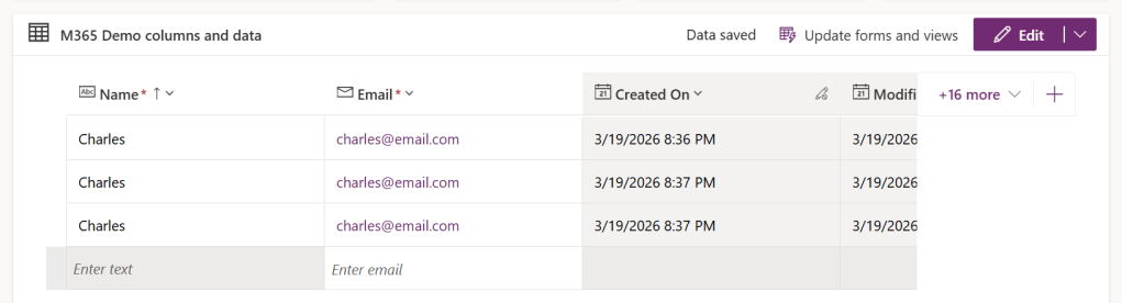 Figure 2 - Microsoft Dataverse data table with duplicate Email values.