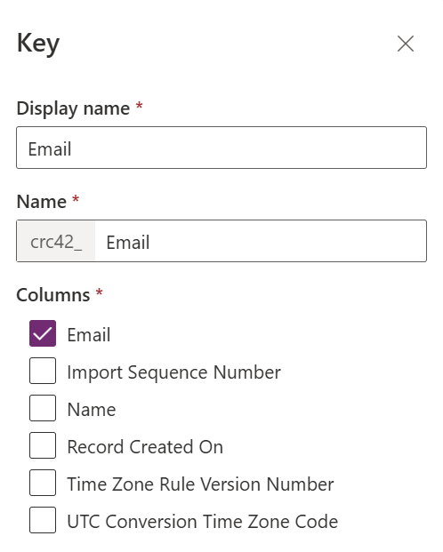 Figure 5 - Microsoft Dataverse pane for creating data table Key.