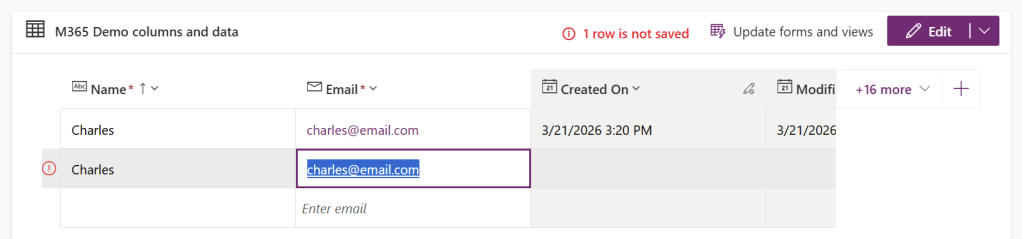 Figure 7 - Microsoft Dataverse data table with active "Email" Key, preventing duplicate email values.