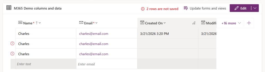 Figure 8 - Microsoft Dataverse data table with active "Email" Key, preventing multiple duplicate email values.
