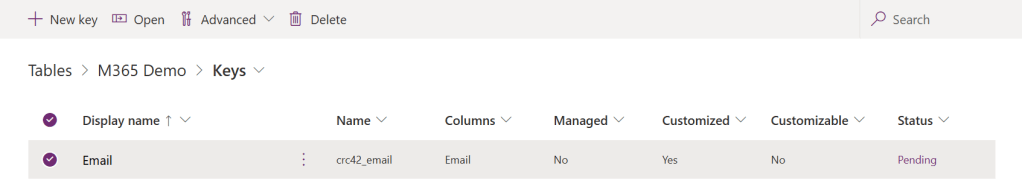 Figure 6 - Microsoft Dataverse data table with recently created key.
