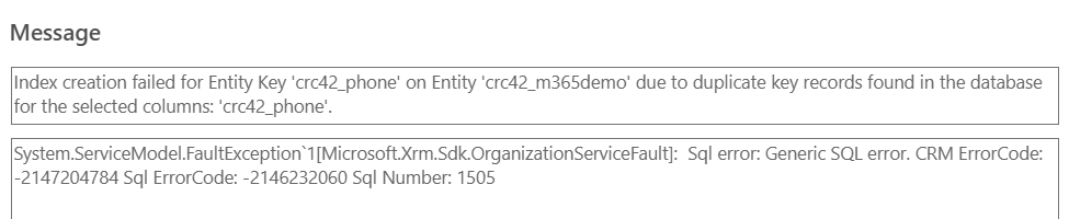 Figure 9 - Microsoft Dataverse data table duplicate records error example for column Key.