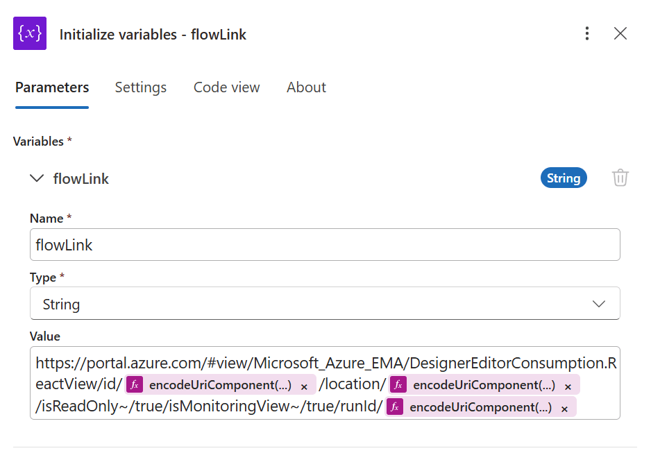 Figure 7 - Azure Logic Apps flow variable of type "String." This variable is a dynamic build of the flow run's instance.