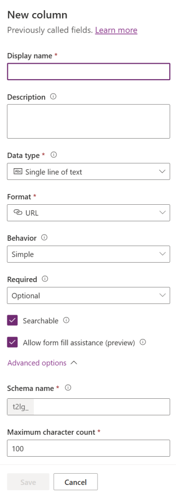 Figure 2 - Microsoft Dataverse New column formatted as a "URL."