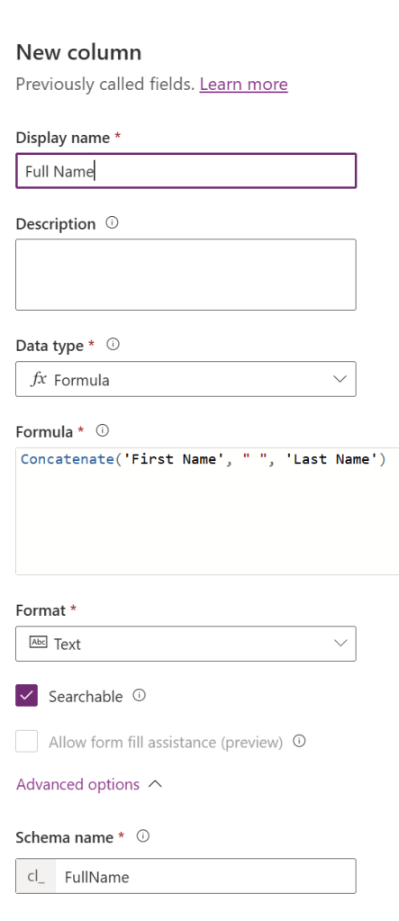 Figure 4 - Dataverse "Full Name" column using the Concatenate formula. 
