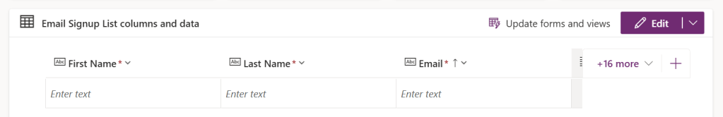 Figure 2 - Dataverse data table with "First Name," "Last Name," and "Email" columns.
