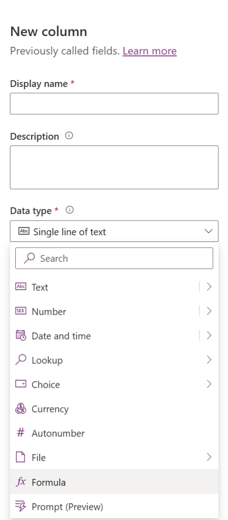Figure 3 - Dataverse "New column" of type Formula. 