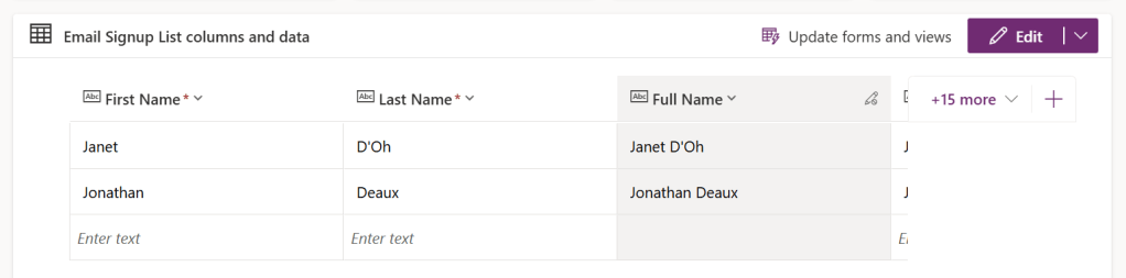 Figure 5 - Dataverse table with Formula column "Full Name." 