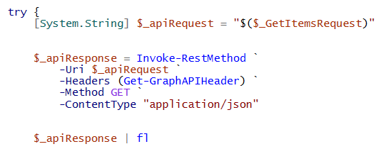 Figure 1 - PowerShell script requesting and receiving an API response.