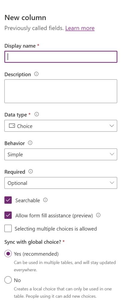 Figure 1 - Create a New column in Microsoft Dataverse table.