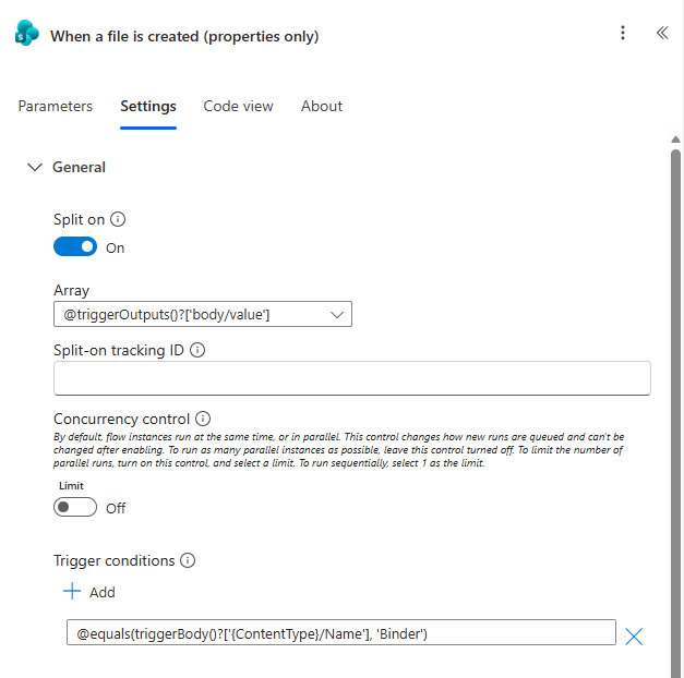 Figure 3 - Power Automate cloud flow trigger Settings with Trigger conditions.