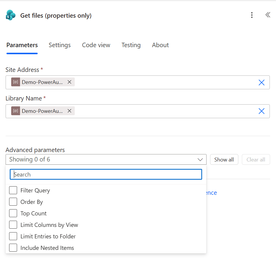 Figure 2 - Power Automate cloud flow Get files (properties only) action Advanced parameters.